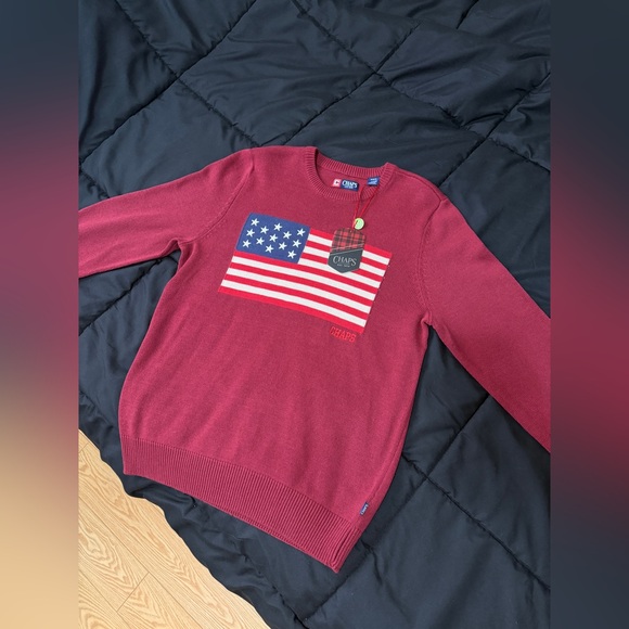 Chaps Men's Burgundy Sweater with Flag Design